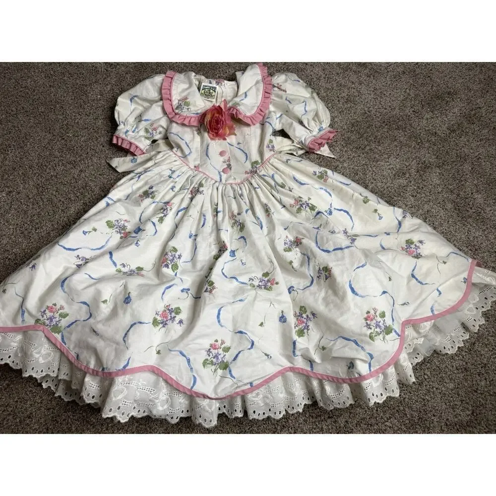 Vintage Daisy Kingdom Dress White Floral Full Skirt Size 5 Prairie Puff Sleeve